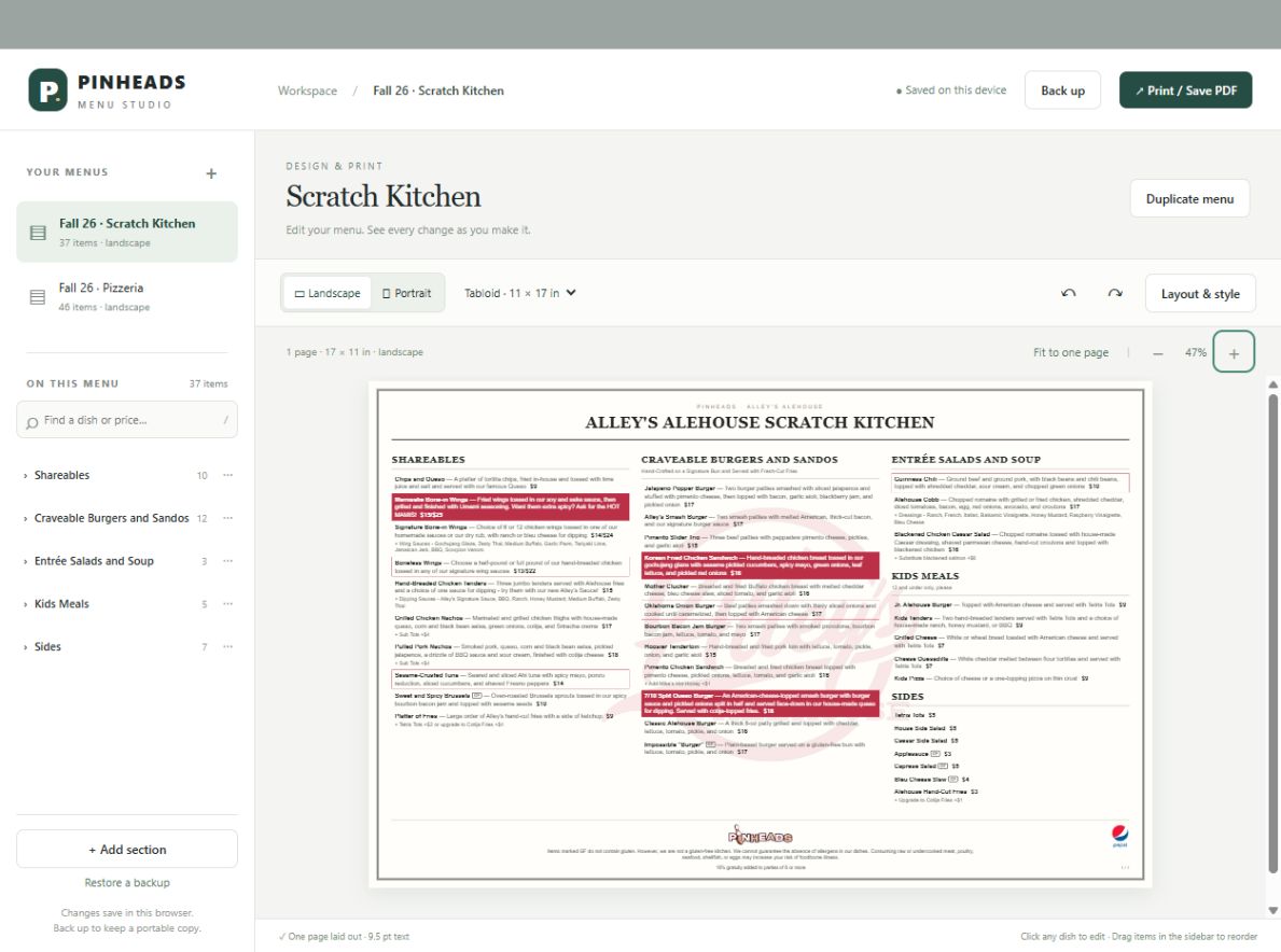 Menu Studio development editor: category navigation, a branded menu preview, page orientation controls, and Print / Save PDF.