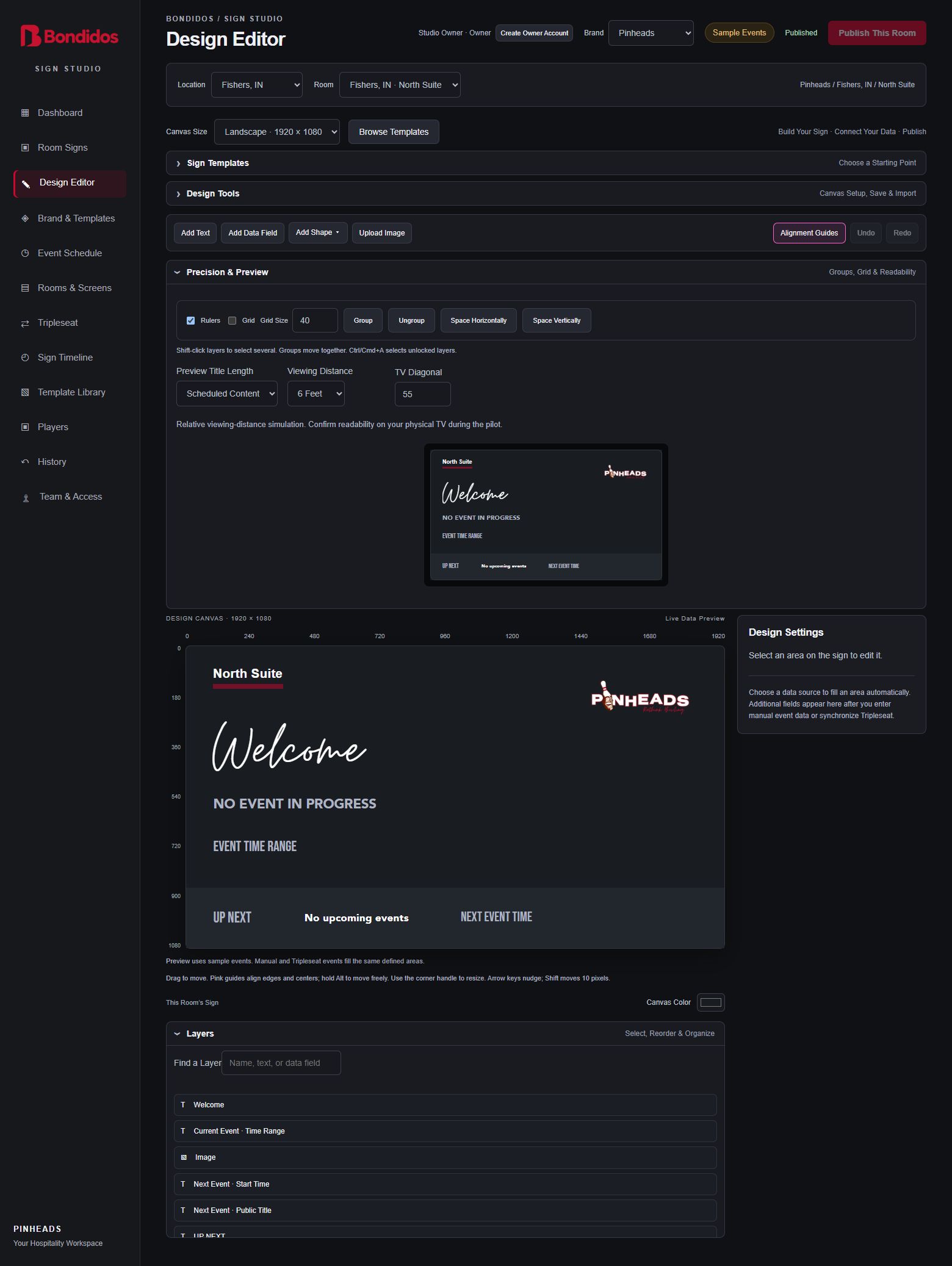 Sign Studio development editor: a North Suite sign canvas, text and data tools, alignment controls, design settings, and editable layers.